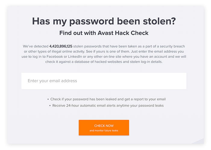 Avast Hack Check是一个快速且免费的资源，用于检查您的信息是否泄露。